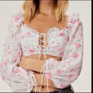For Love and Lemons Floral Chiffon Long Sleeve Blouse Top